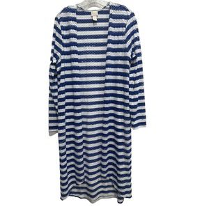 Chico's Large Duster Sweater Blue Eyelet Open Front Beach Cover Stretch Coastal